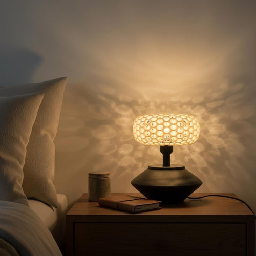 12" Modern Futuristic Black Ceramic Base 3D Printed Honeycomb Halo Table Lamp