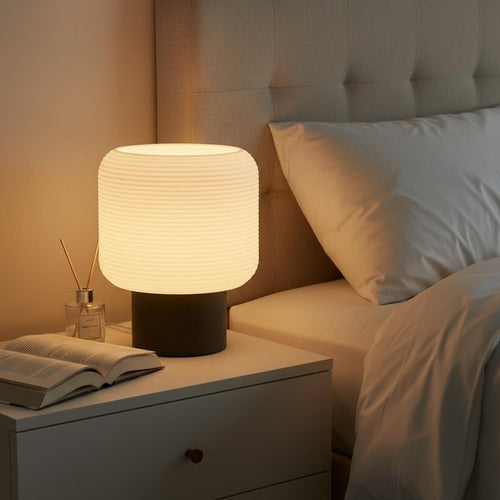 11" Minimalist Modern Black Base Horizontal Ribbed Texture Table Lamp